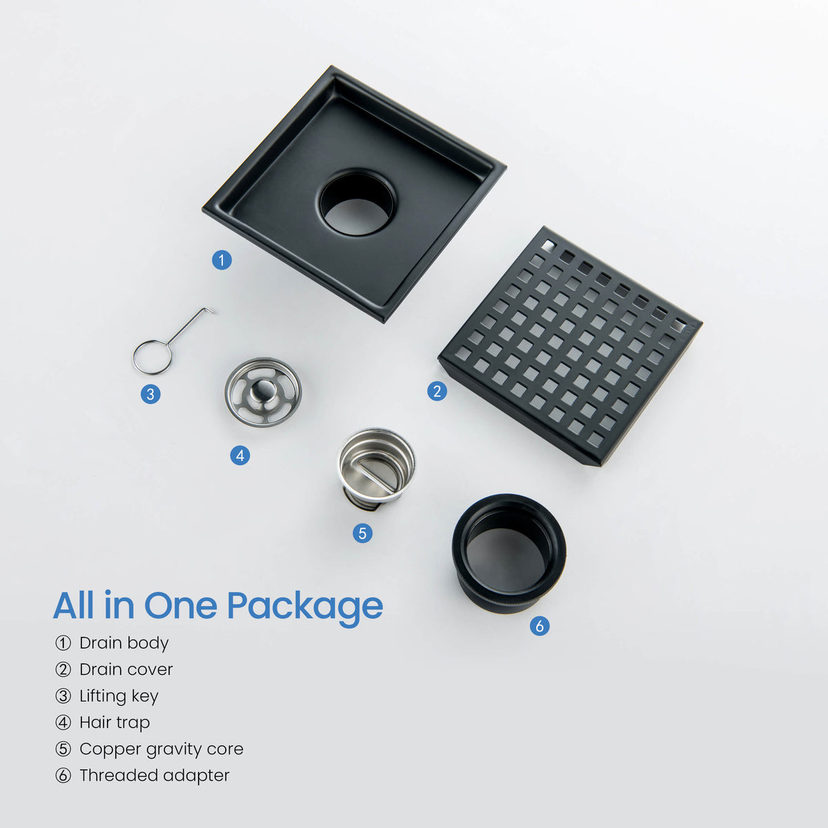 6 inch Square Shower Drain with Square Grid Grate - CFD-0602