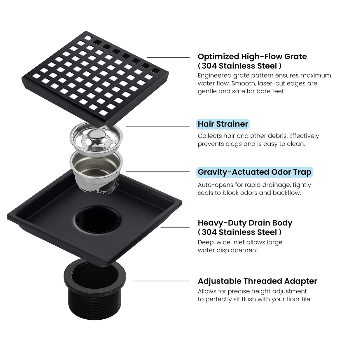 6 inch Square Shower Drain with Square Grid Grate - CFD-0602