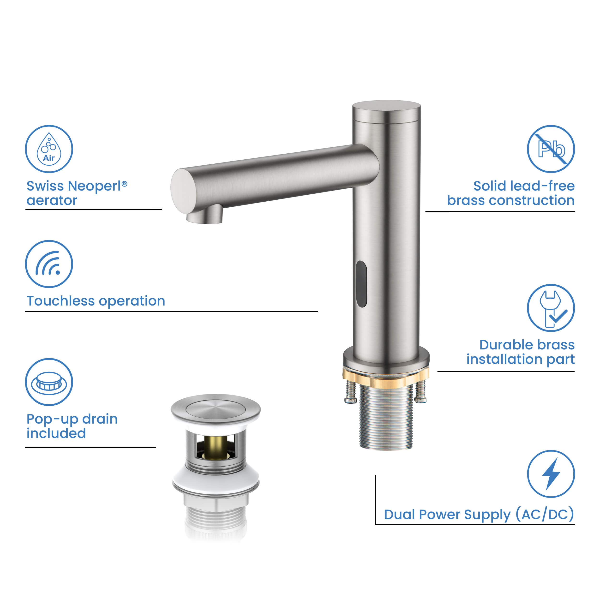 Halo Touchless Bathroom Faucet with Pop-Up Drain — Plug-In or Battery Powered - CBF-1029