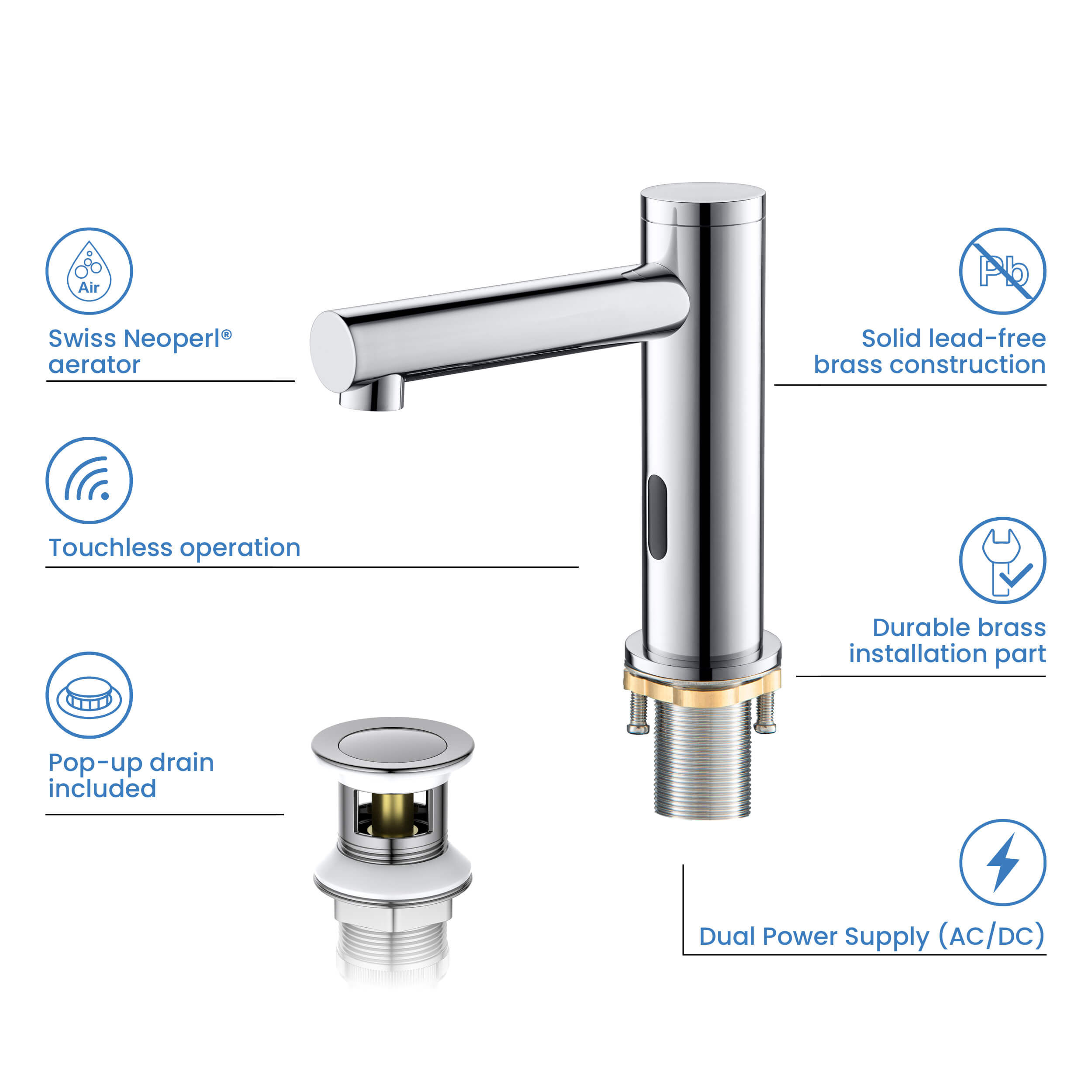 Halo Touchless Bathroom Faucet with Pop-Up Drain — Plug-In or Battery Powered - CBF-1029