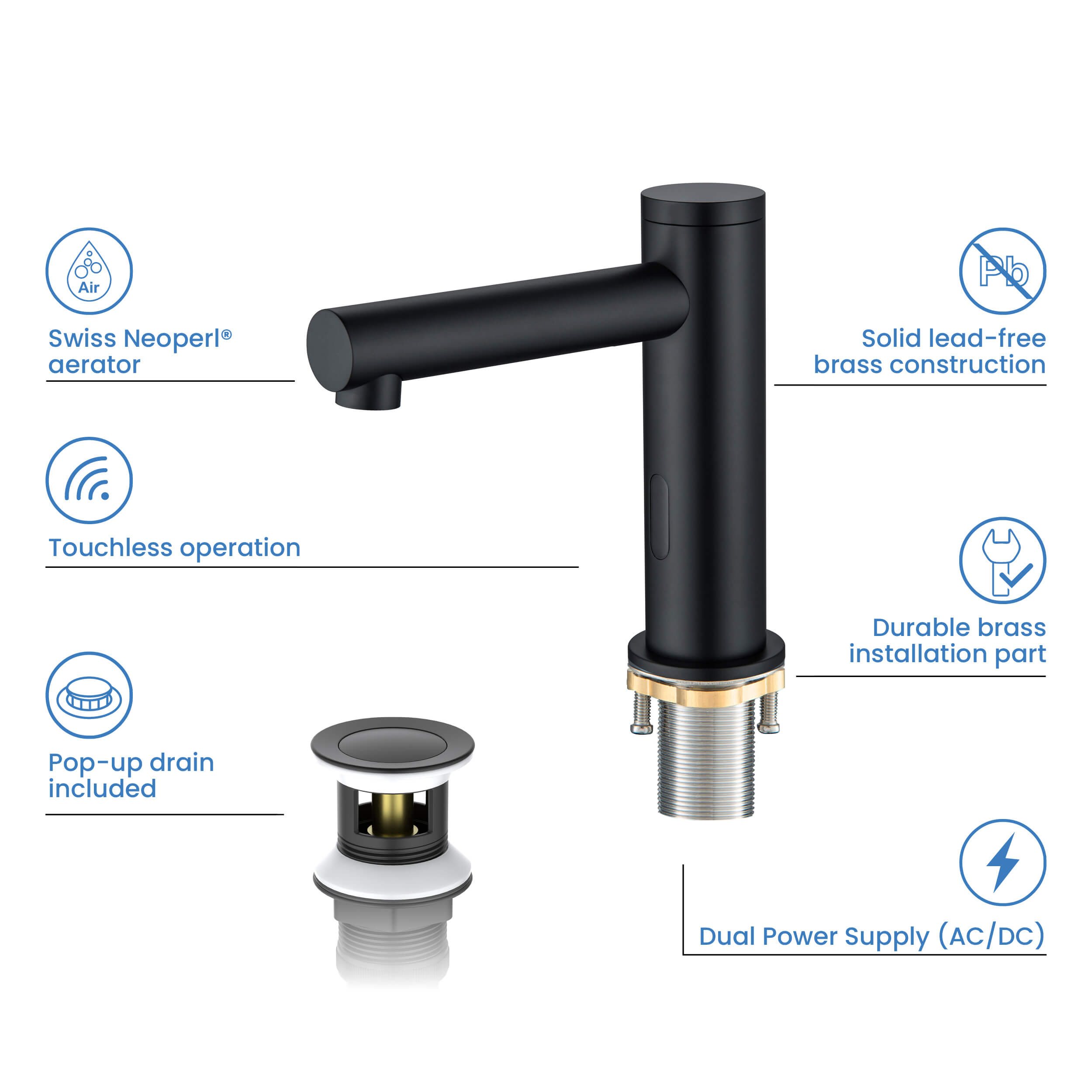 Halo Touchless Bathroom Faucet with Pop-Up Drain — Plug-In or Battery Powered - CBF-1029