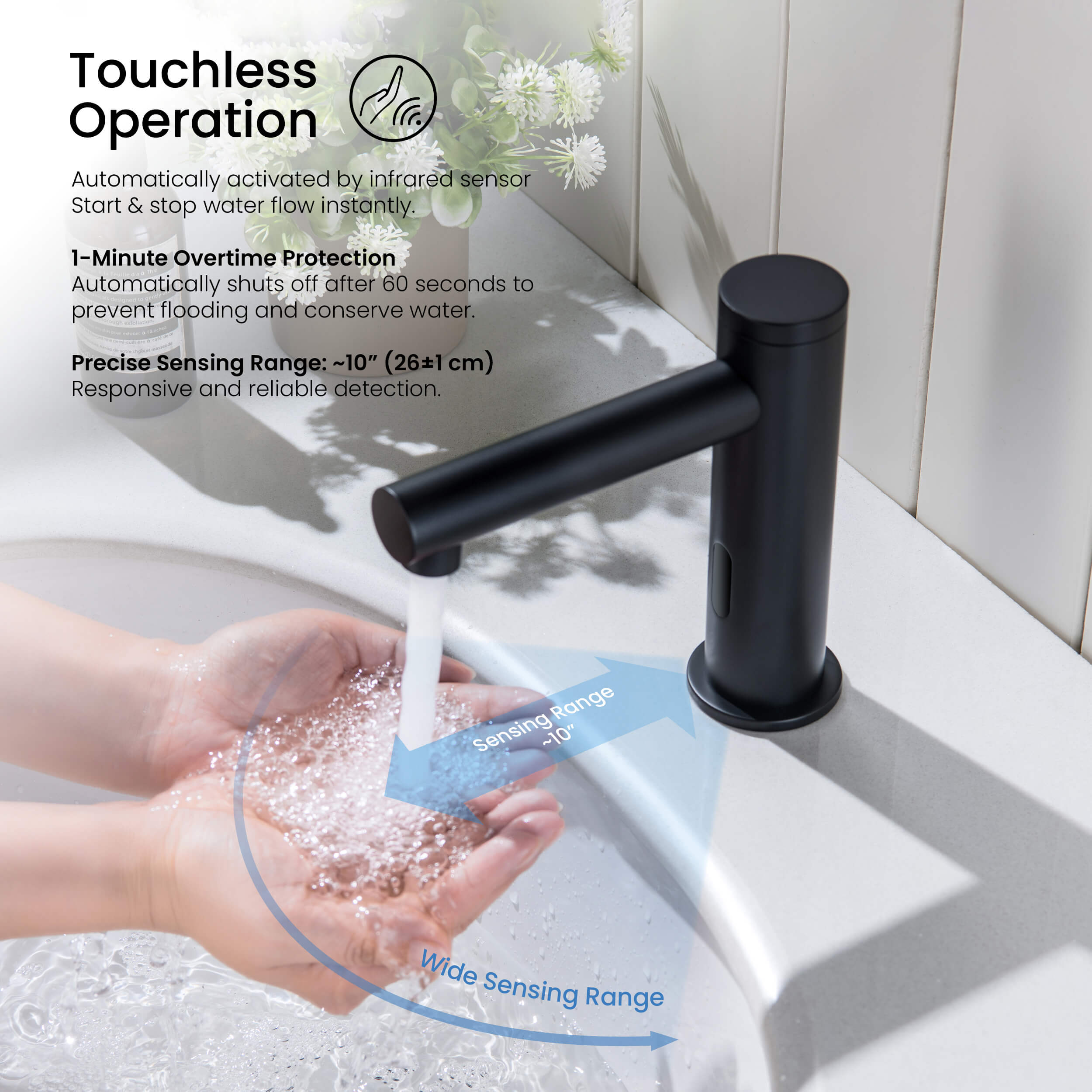Halo Touchless Bathroom Faucet with Pop-Up Drain — Plug-In or Battery Powered - CBF-1029