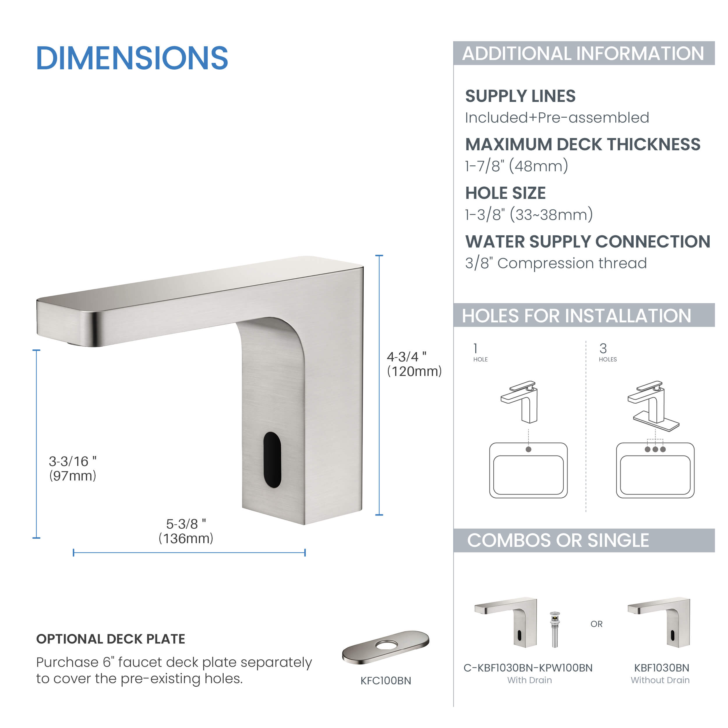Fusion Touchless Bathroom Faucet with Pop-Up Drain — Plug-In or Battery Powered - CBF-1030