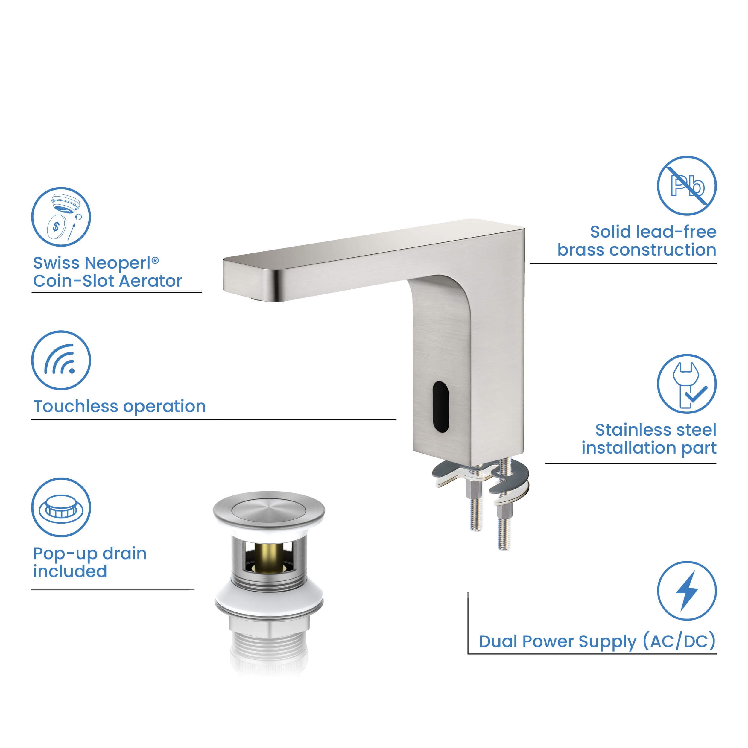 Fusion Touchless Bathroom Faucet with Pop-Up Drain — Plug-In or Battery Powered - CBF-1030