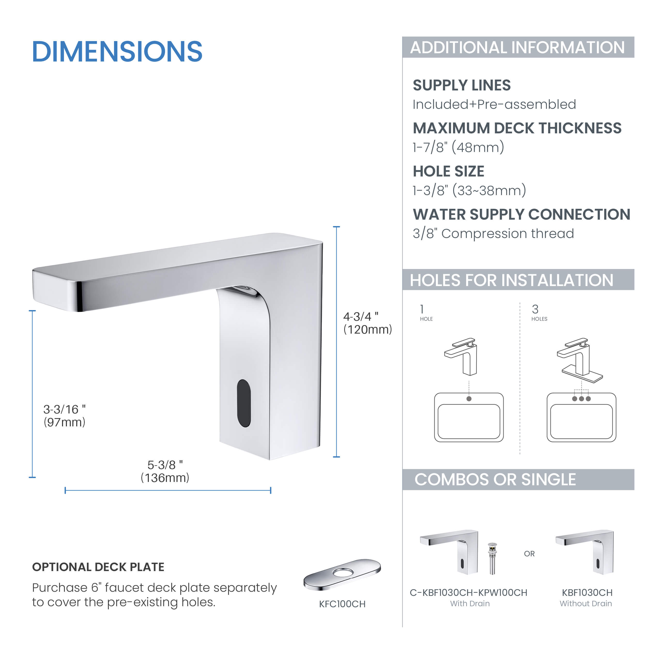 Fusion Touchless Bathroom Faucet with Pop-Up Drain — Plug-In or Battery Powered - CBF-1030