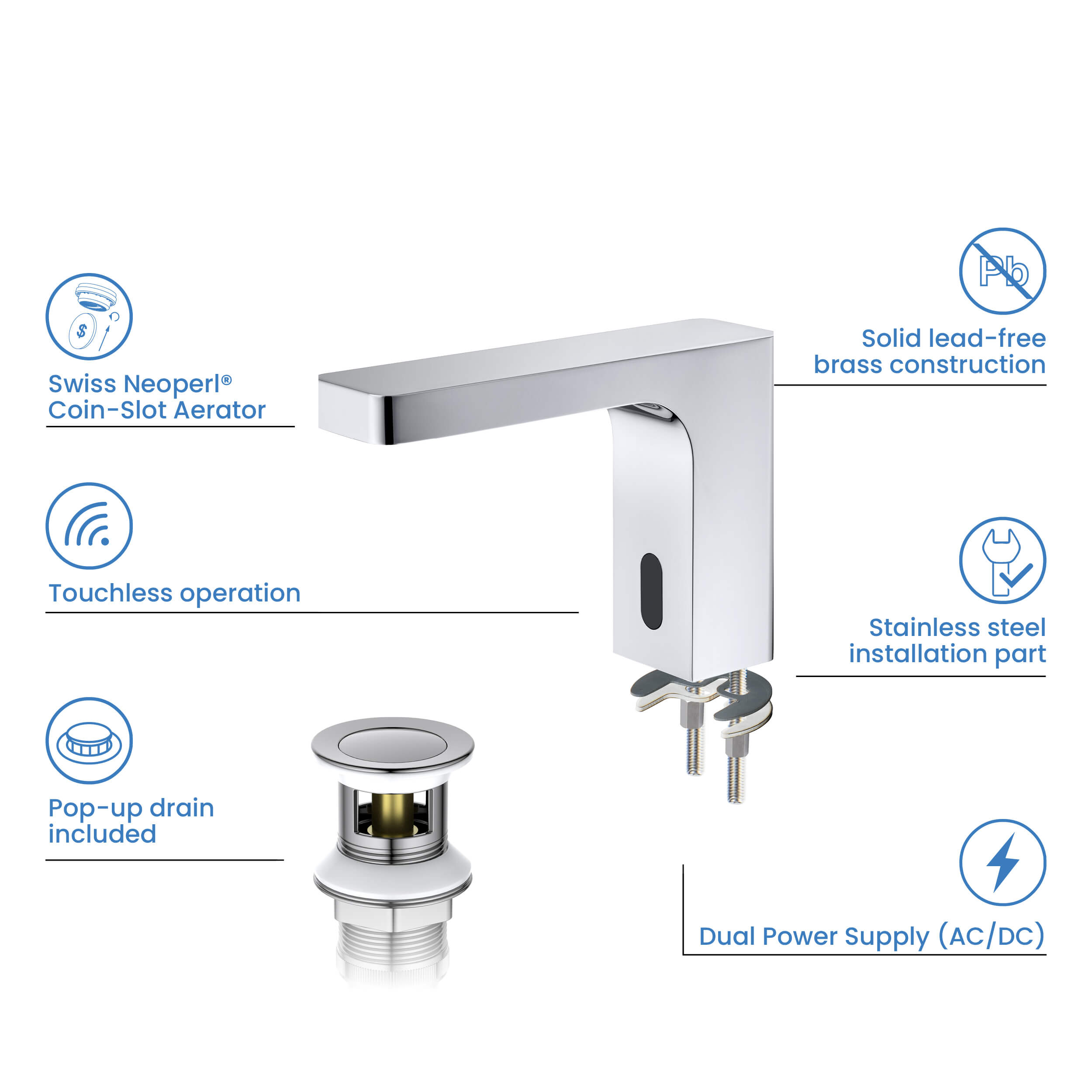 Fusion Touchless Bathroom Faucet with Pop-Up Drain — Plug-In or Battery Powered - CBF-1030