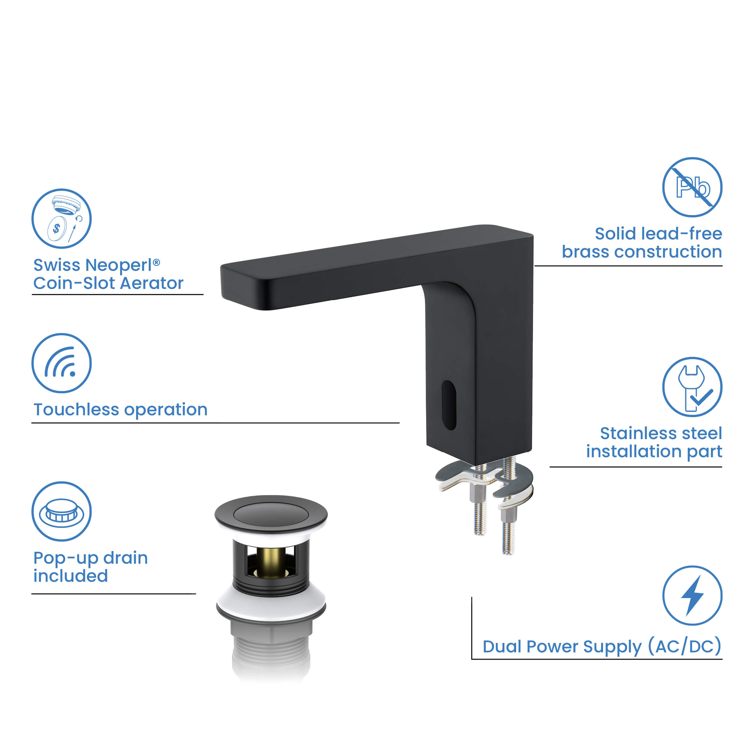 Fusion Touchless Bathroom Faucet with Pop-Up Drain — Plug-In or Battery Powered - CBF-1030