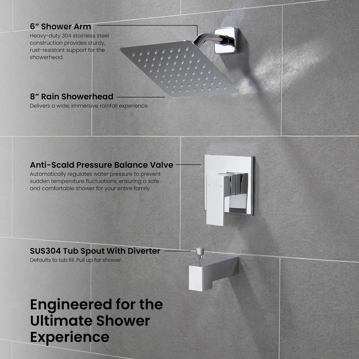 Quadra Single Function Pressure Balanced Complete Shower Faucet Set with Tub Spout - CSF-4018