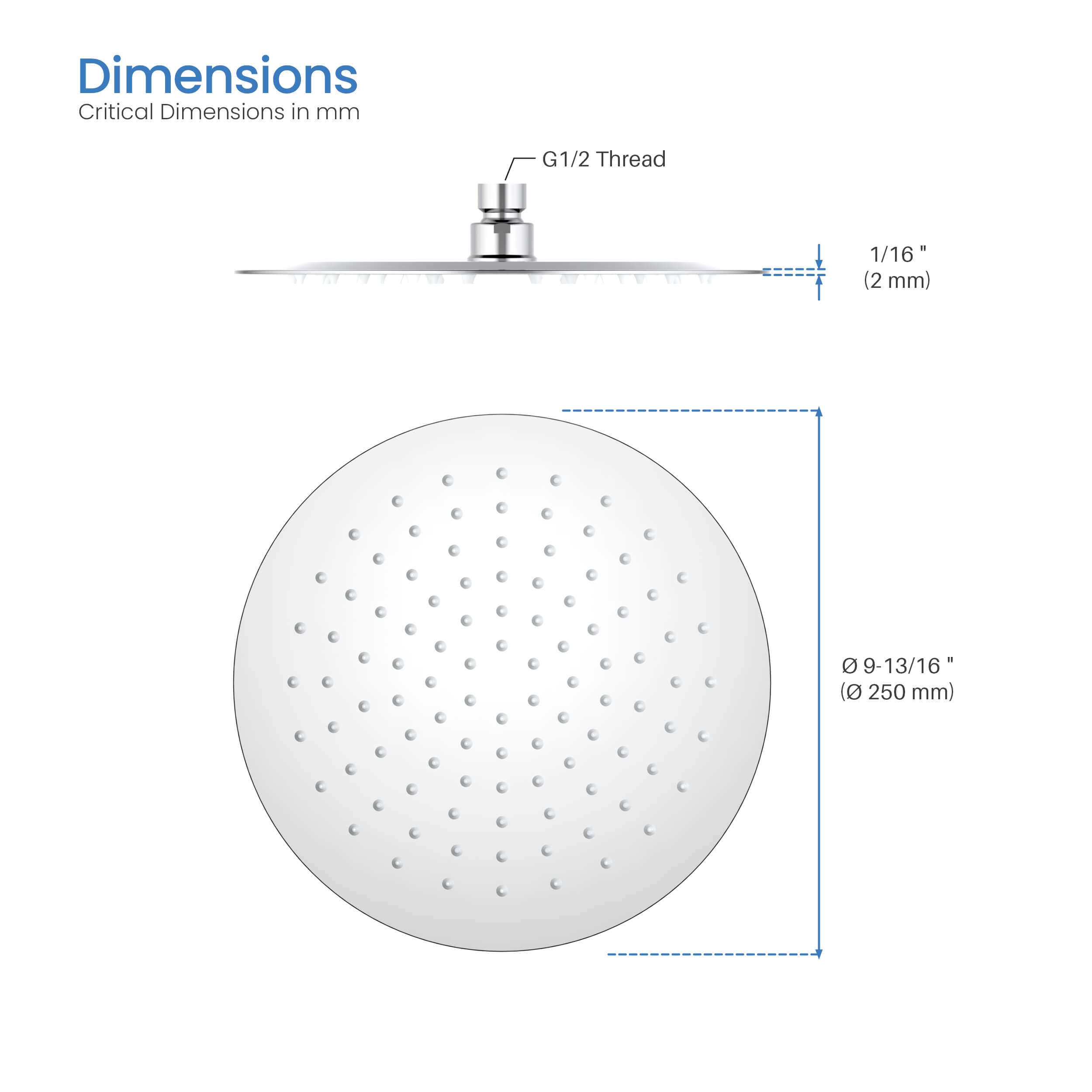Halo 10" Metal Rain Shower Head 2mm Ultra Thin Profile  - RS100