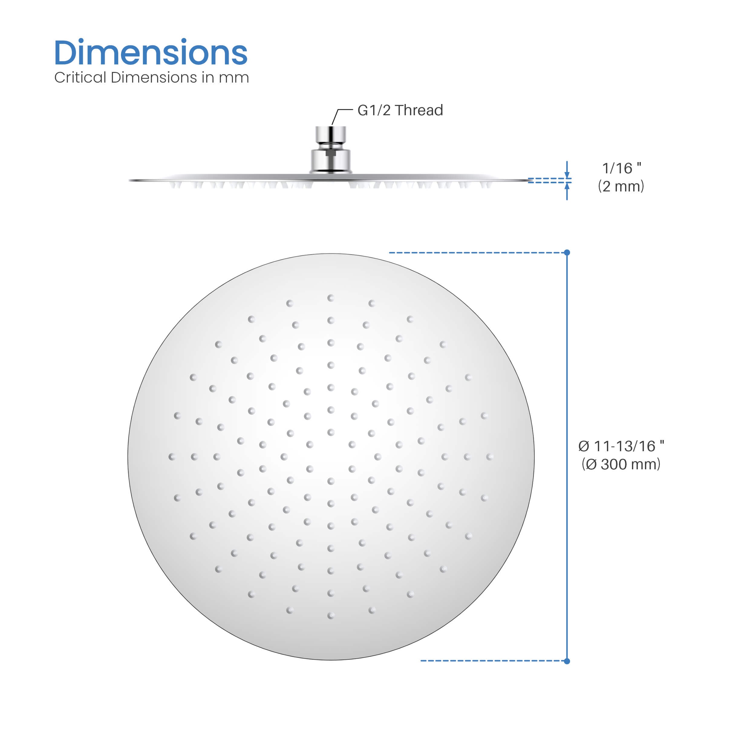 Halo 12" Metal Rain Shower Head 2mm Ultra Thin Profile  - RS102