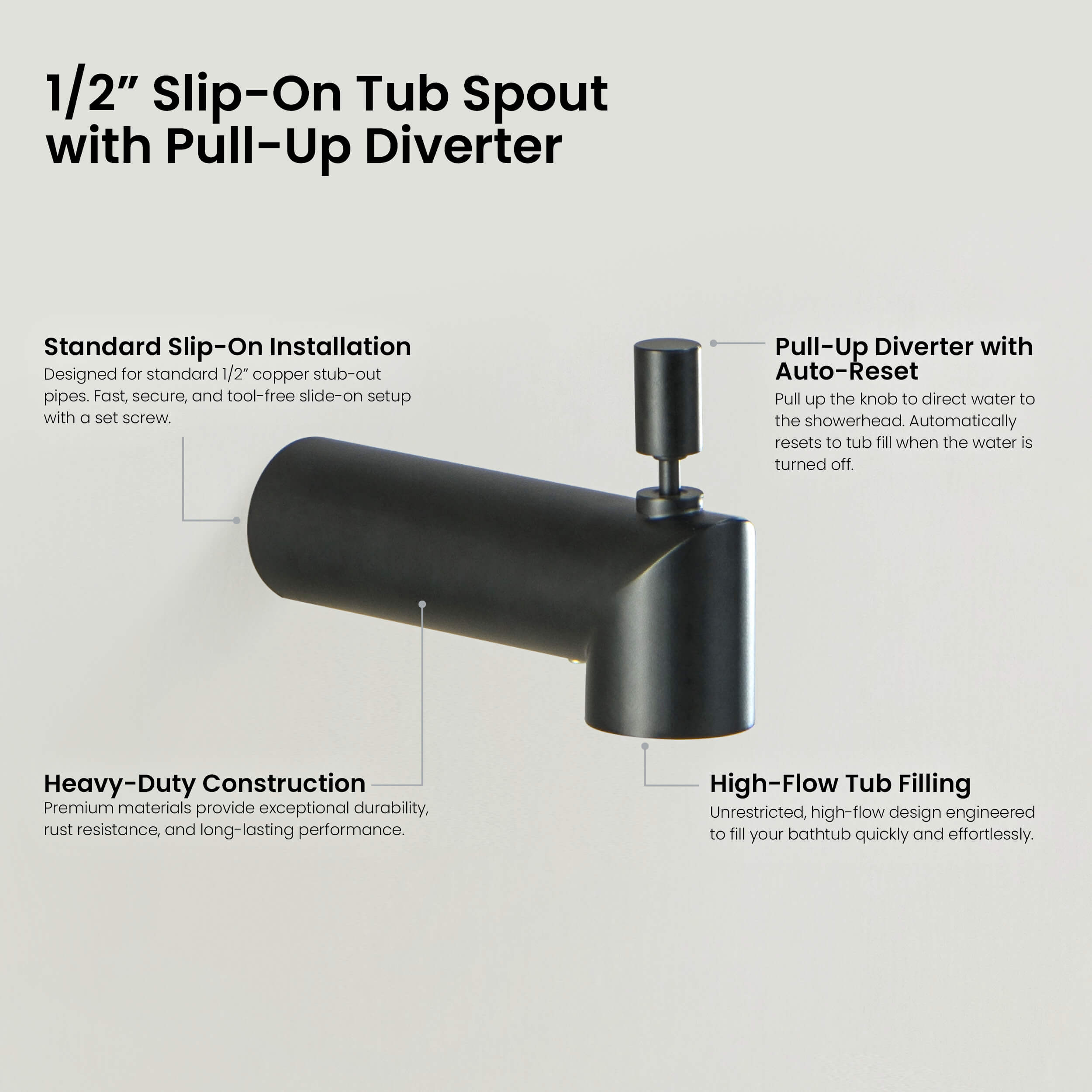 Halo Wall Mounted 1/2" Slip-On Tub Spout with Diverter - TS102