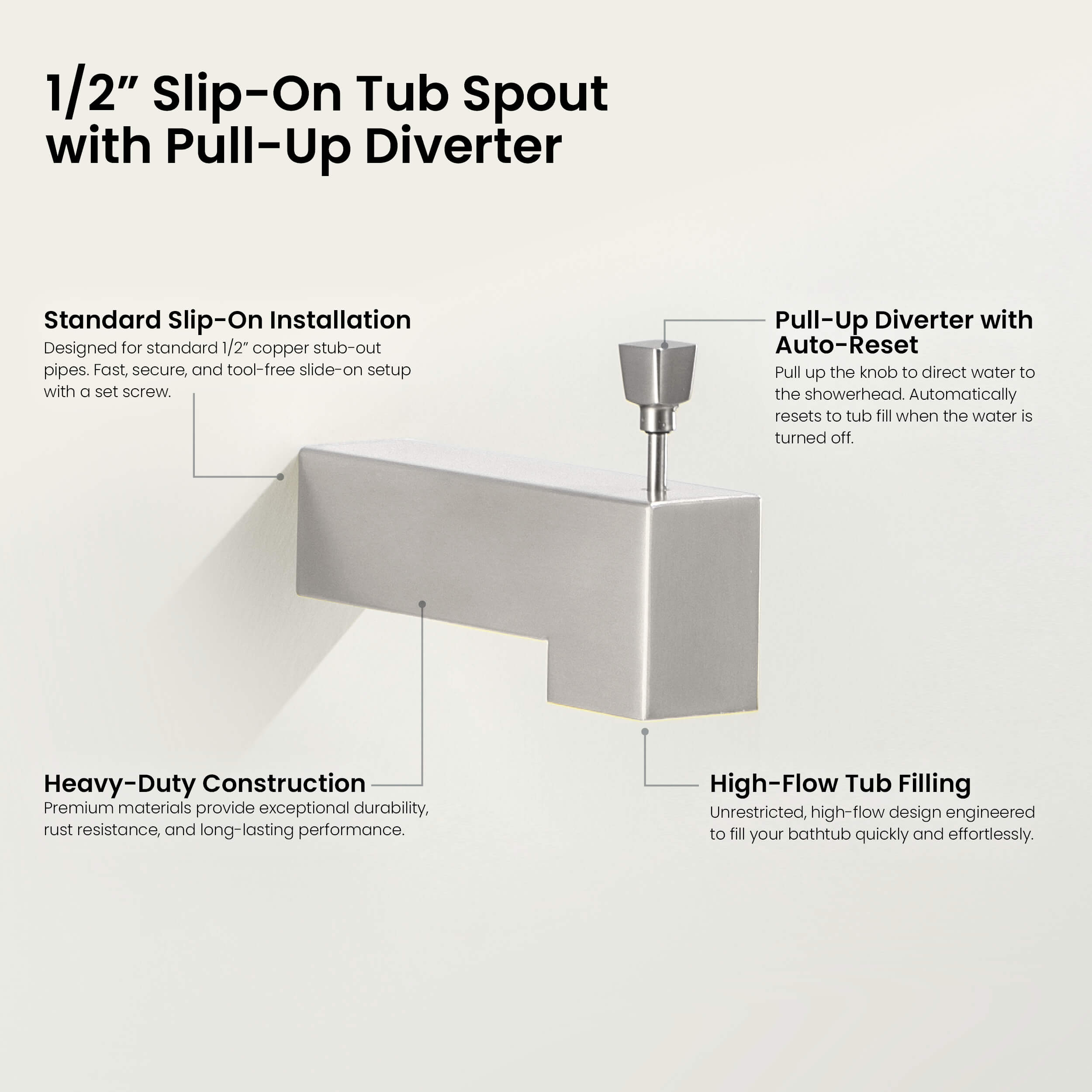 Quadra Wall Mounted 1/2" Slip-On Tub Spout with Diverter - TS103