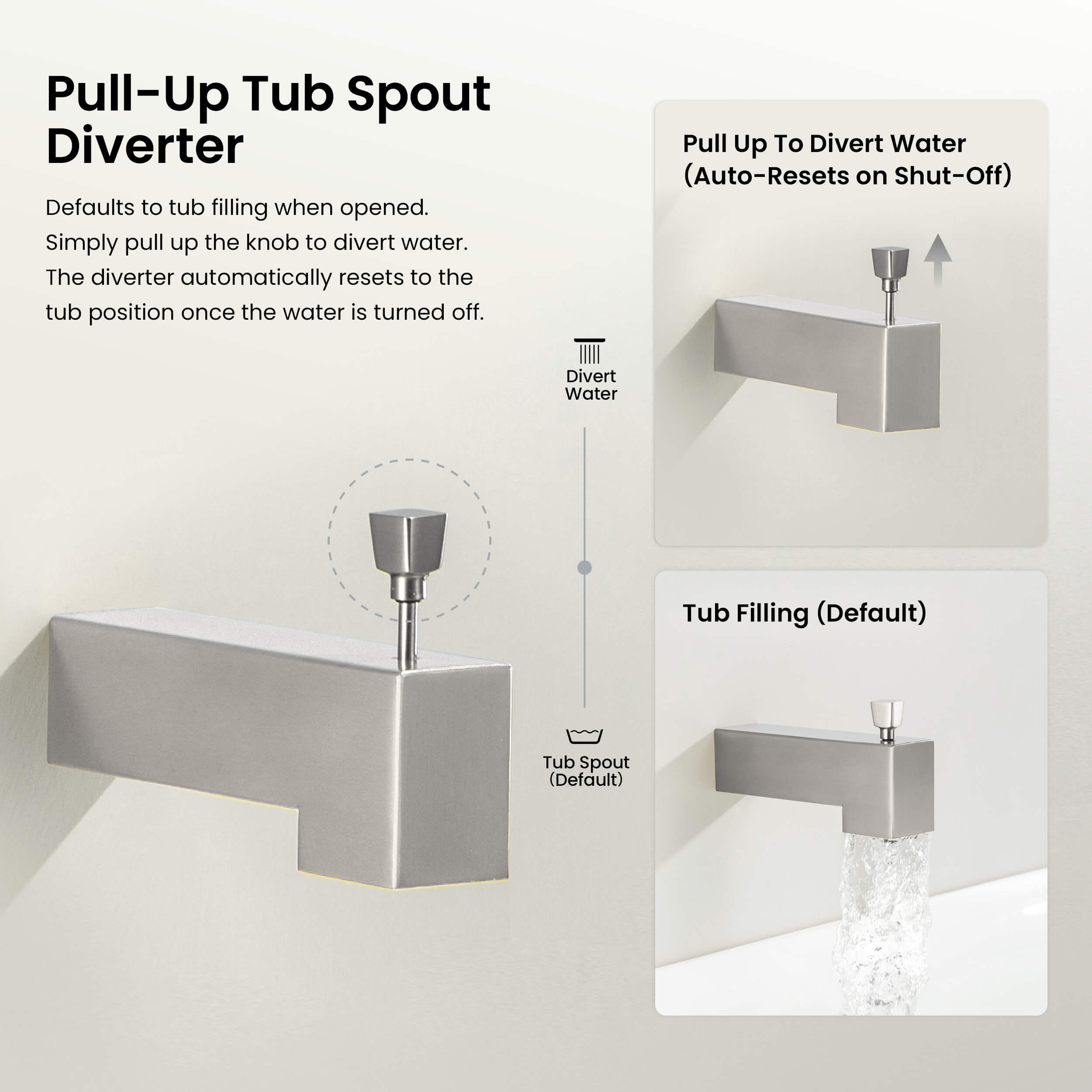Quadra Wall Mounted 1/2" Slip-On Tub Spout with Diverter - TS103